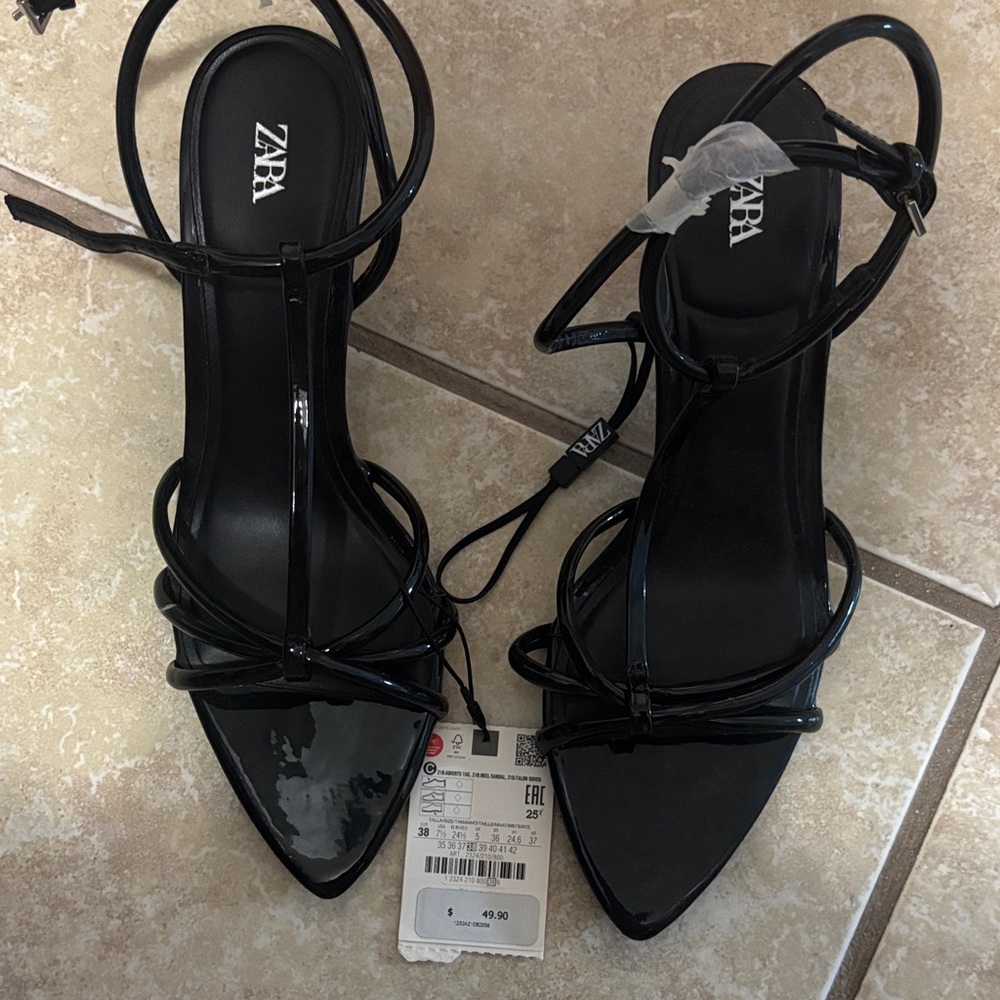 Zara Glossy Black Strappy Heels